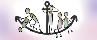 Mehrere Figuren sitzen auf einem Anker