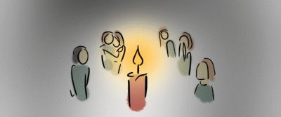 trauernde Menschen um eine Kerze, gezeichnet