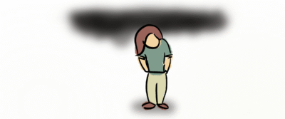 Mensch schaut nach unten - dunkle Wolke über ihm