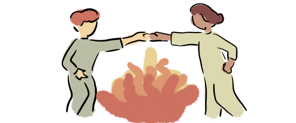 Konfliktgespräche führen - zwei Figuren halten Verbindung