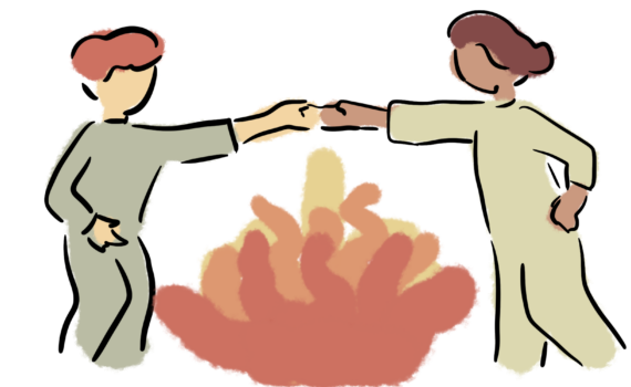 Konfliktgespräche führen - zwei Figuren halten Verbindung