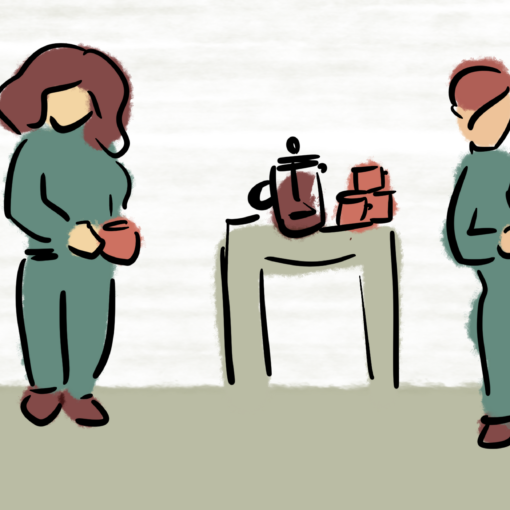Kollegen schweigen vor der Kaffeemaschine